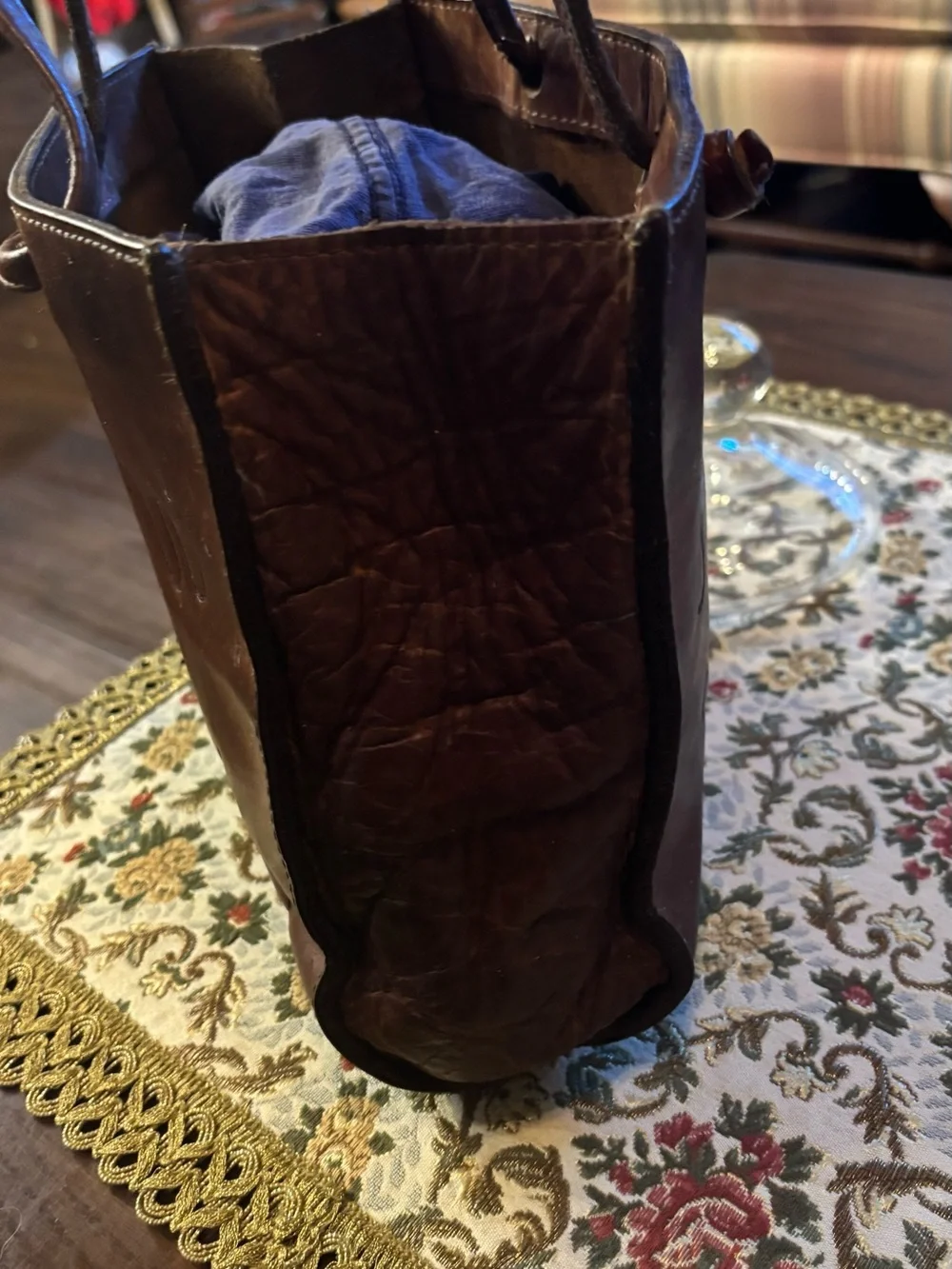 Two Bar West Small Brown Leather Western Tote Purse Embossed Brand Handbag